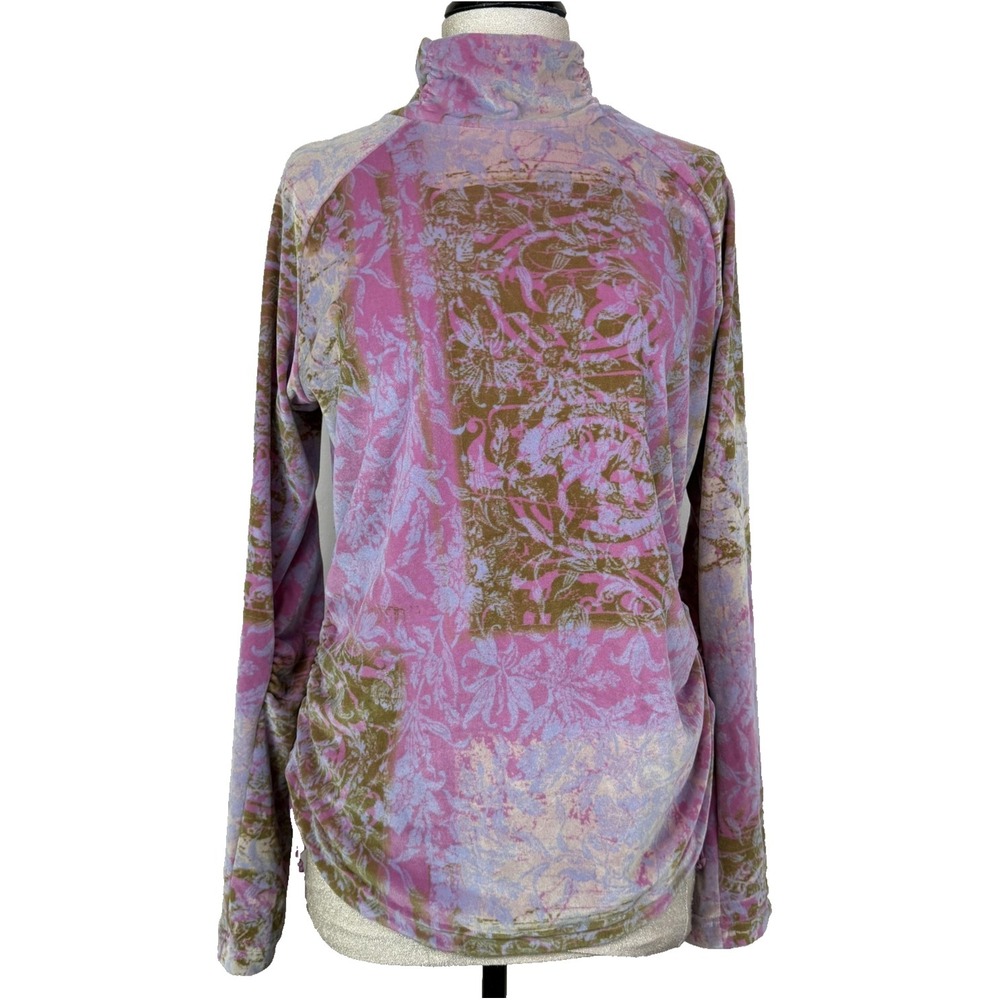 Obermeyer Shirt Womens XL Pink Velour Floral Mock Neck Ruched Tunic Top Boho